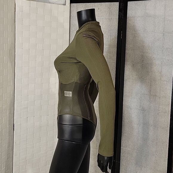 BRAND NEW LONG SLEEVES MESH INSERT HIGH NECK SOLID SHEER THONG SNAP BODYSUIT - Picture 6 of 15